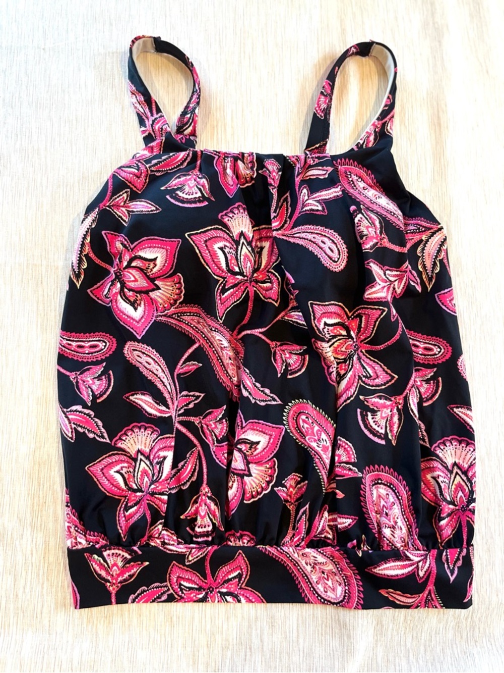 Lands' End Women’s Bathing Swimsuit Blouson Tankini Top Paisley Pink/Black 2